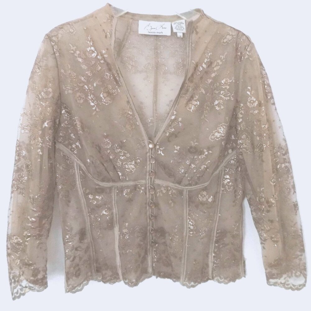 Byron Lars Sheer lace top 8 Gold Tan Deep V-neck Corset style Beauty Mark Blouse